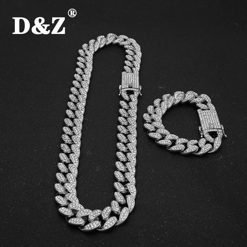 D&Z 20mm Iced Out Cuban Necklace Chain Hip hop Jewelry Choker Gold Silver Color Rhinestone CZ Clasp for Mens Rapper Necklaces Li