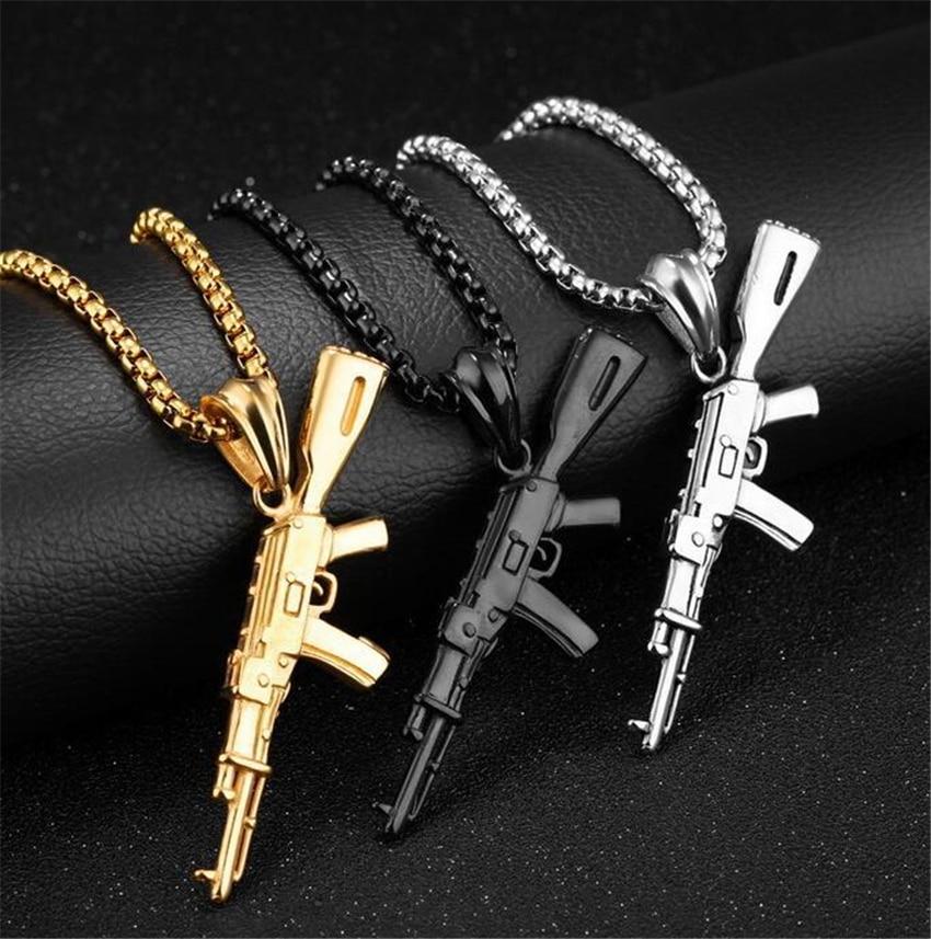 Hip Hop Refined Stylish Iced Out Gold Silver Color Alloy AK 47 Gun Pendants Necklace For Men Rapper Jewelry